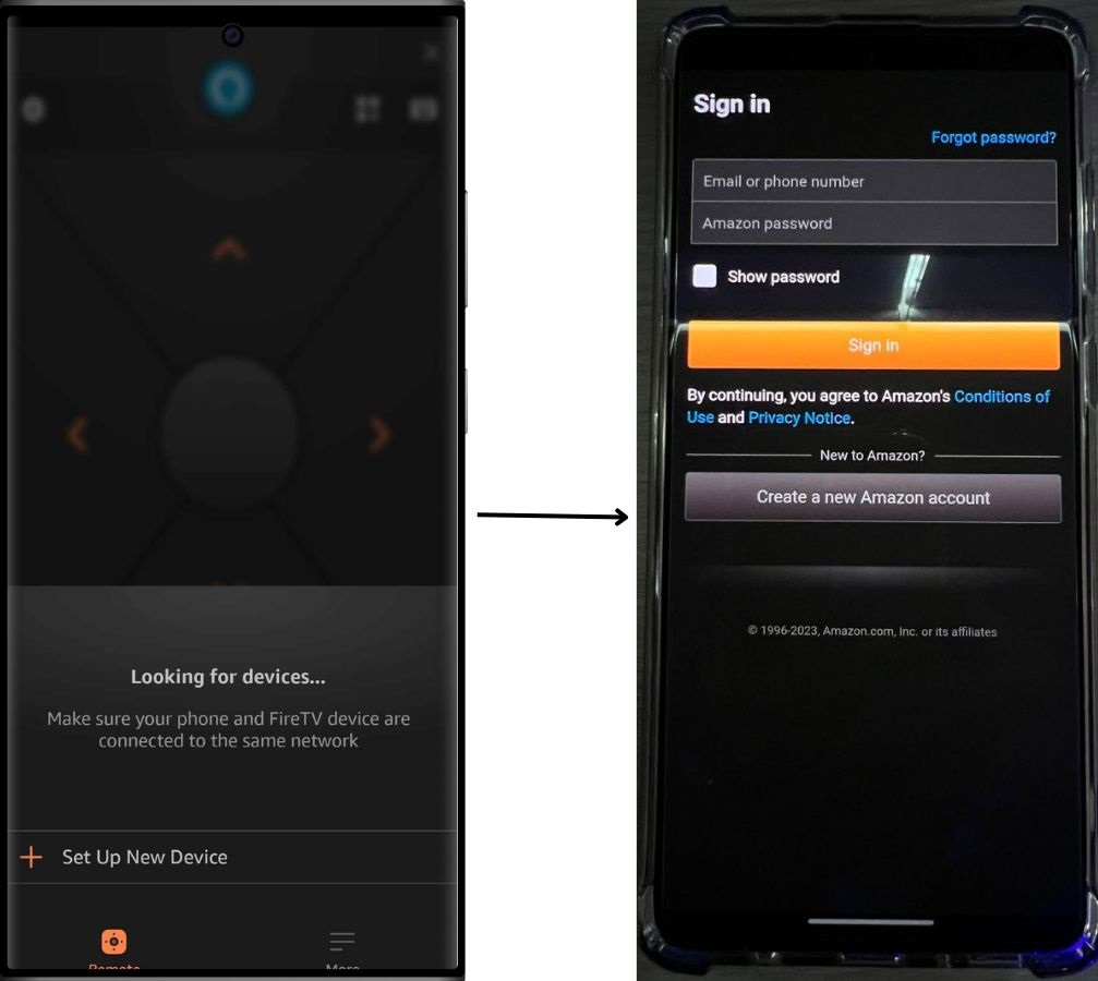 The Samsung phone is using the Fire remote app to with the login interface