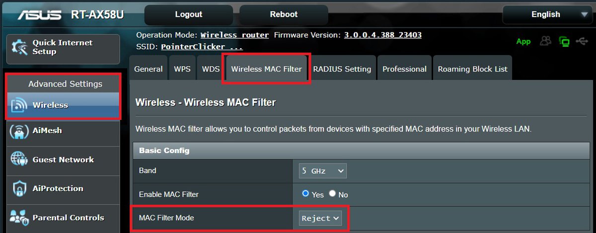 The URL Mac Filter is set to Reject on Asus router