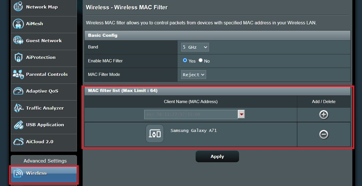 The Wireless MAC filter feature on the Asus router