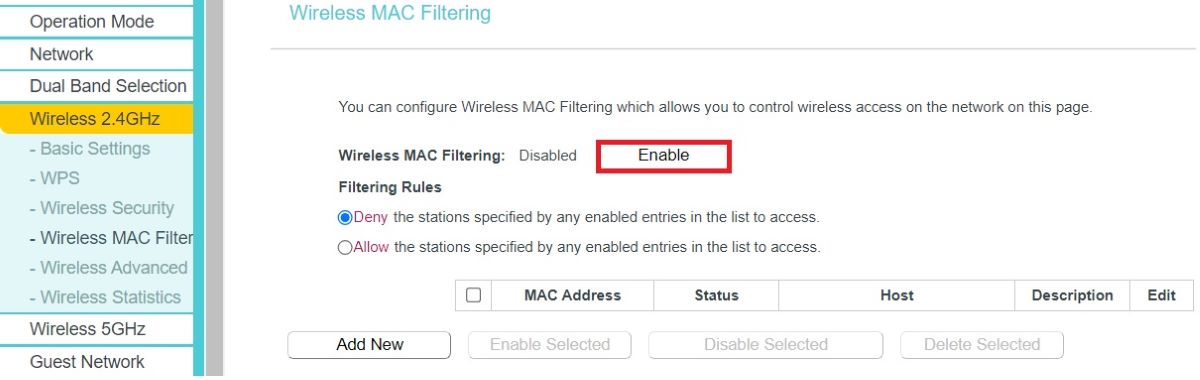 The Wireless MAC filtering feature on TP-Link router is set to Enable