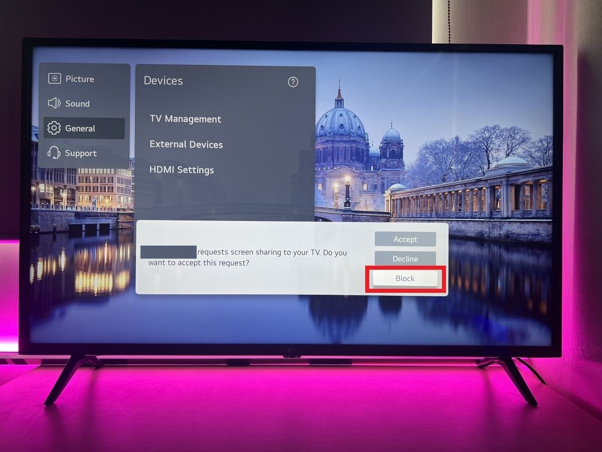 The blocking casting feature on LG TV is highlighted with a red box