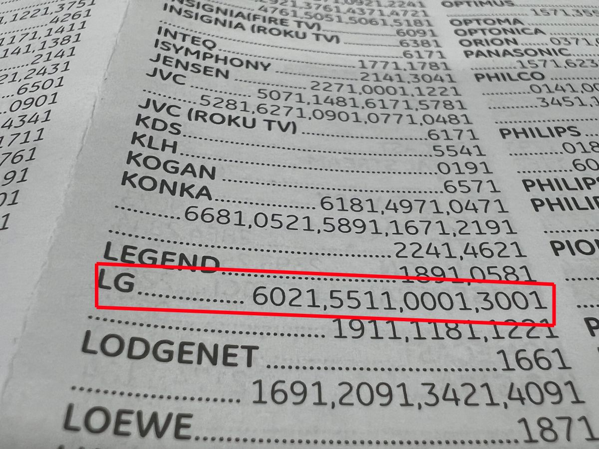 The list of code highlighted the manual code for LG TV