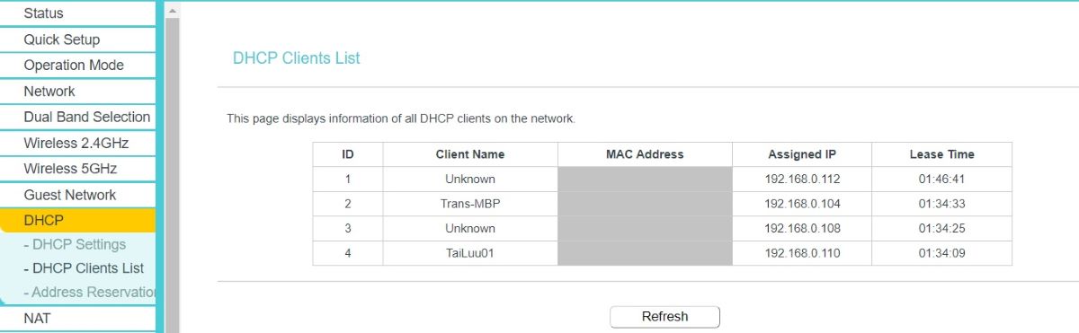 The list of connected device to the TP-Link router with detail information