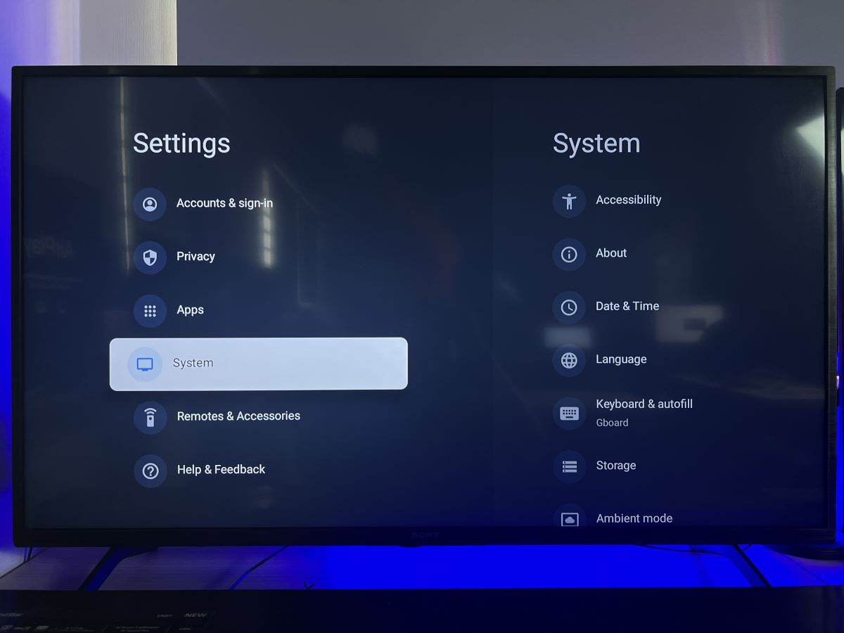 The system option from the Settings on Sony TV