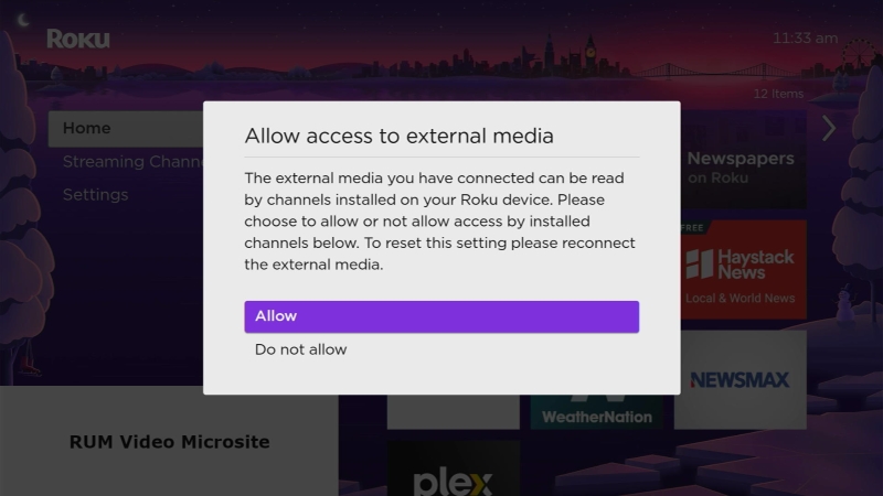 select Allow to access external media on the Roku device