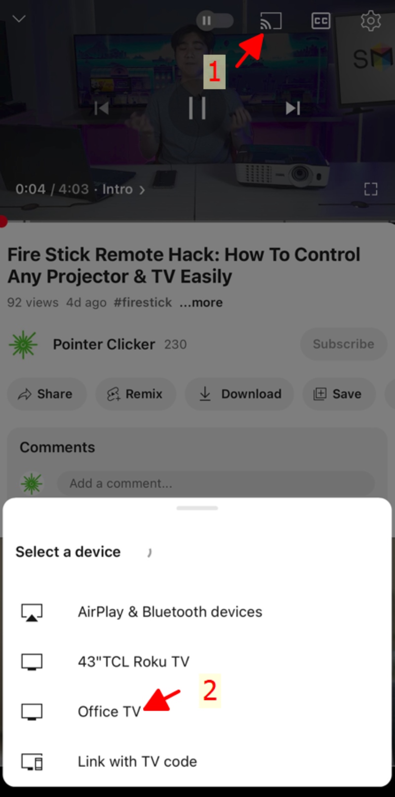 select Office TV to cast a YouTube video to the Chromecast device