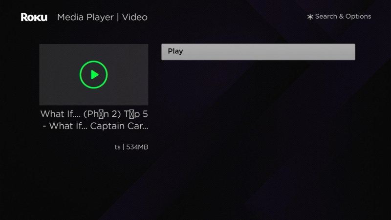 select Play to play a video file on the Roku Media player