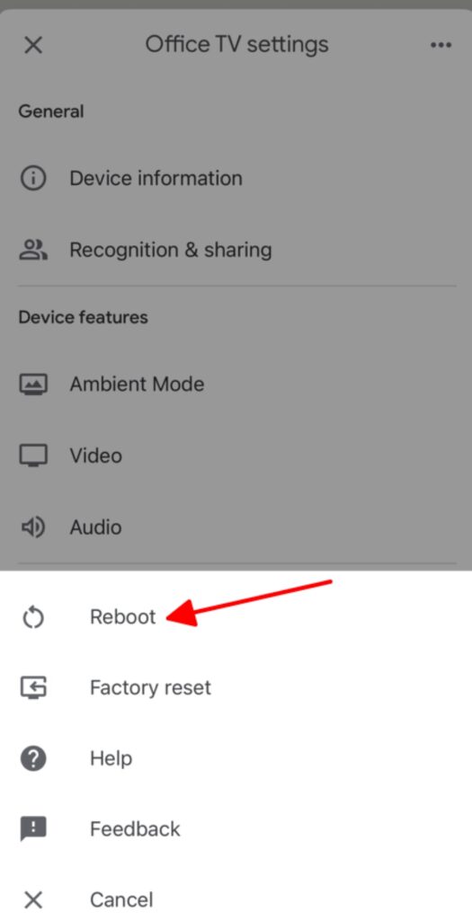 select Reboot Chromecast device option