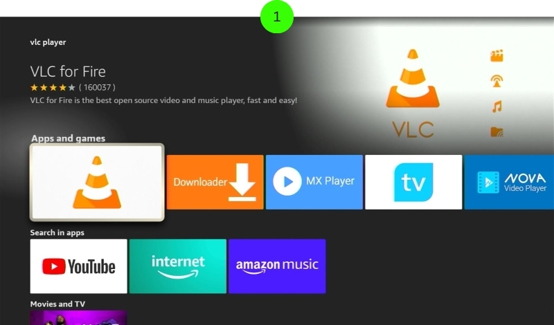 select VLC player on the Fire Stick app store