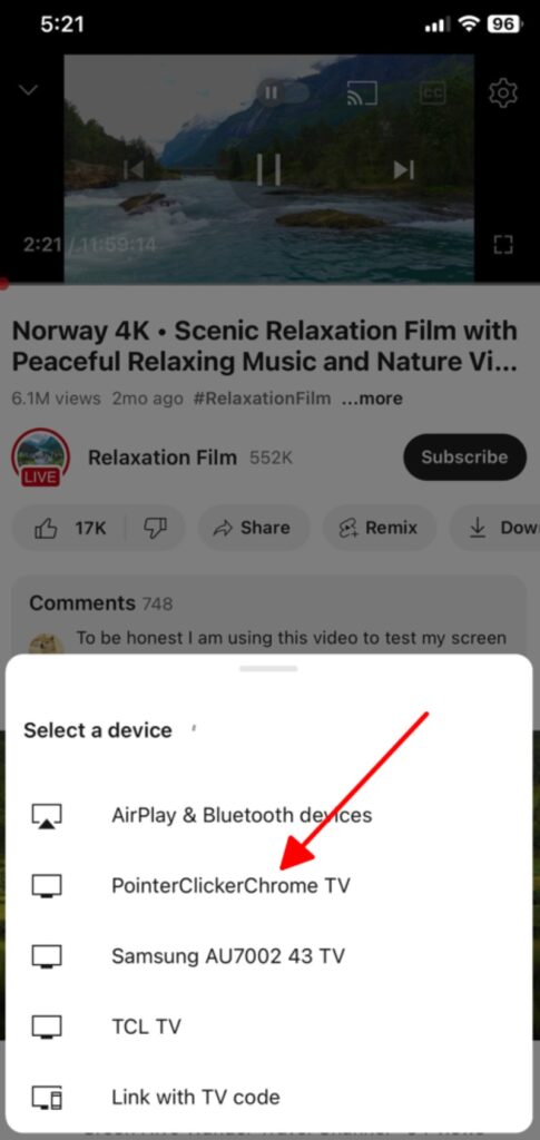 select a Chromecast in the device list to connect a phone and Chromecast