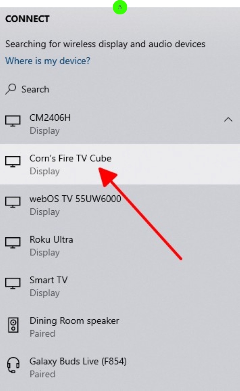select the Fire TV Cube to mirror on the Windows PC Project section