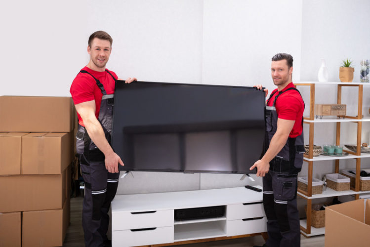 two male professional movers transporting TV in the living room