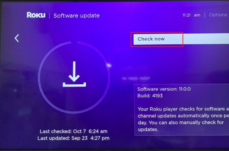 Click Check now to check for Roku updates