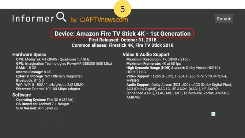 Device information shown on the Fire Stick's Informer app
