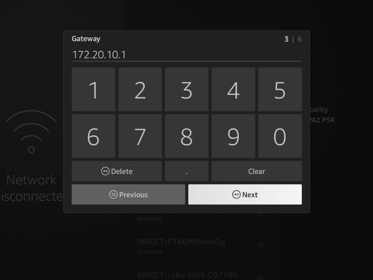 Enter 172.20.10.1 as the Gateway, next option is highlighted on a fire tv stick