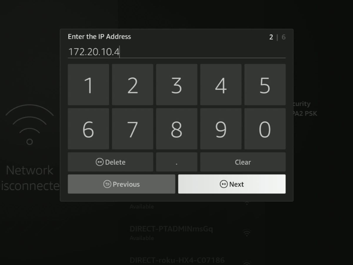 Enter 172.20.10.4 as the IP address, next option is highlighted on a fire tv stick