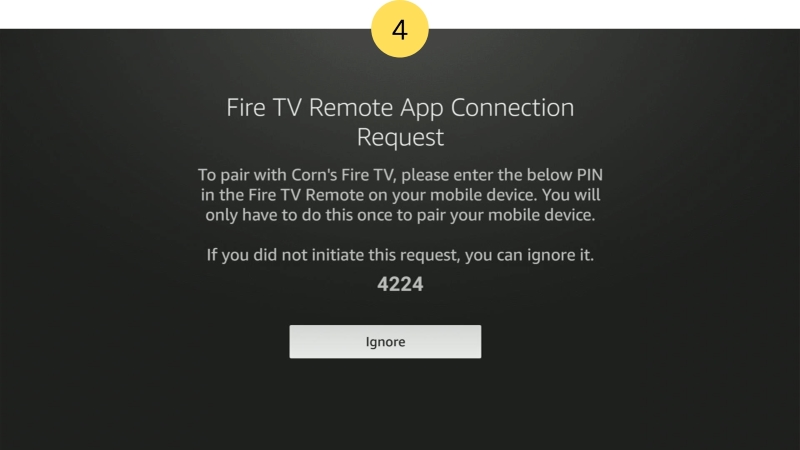 Fire TV app pairing code shown on the Fire Stick screen