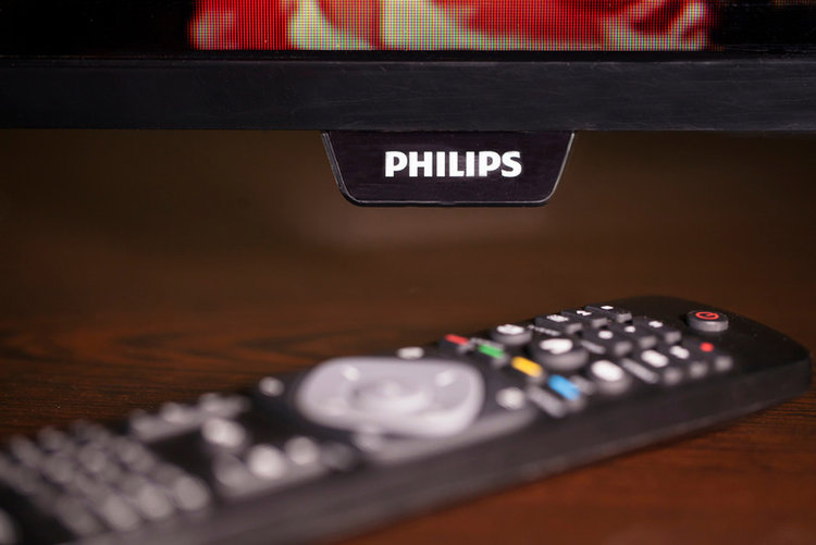 Philips brand sign on TV remote
