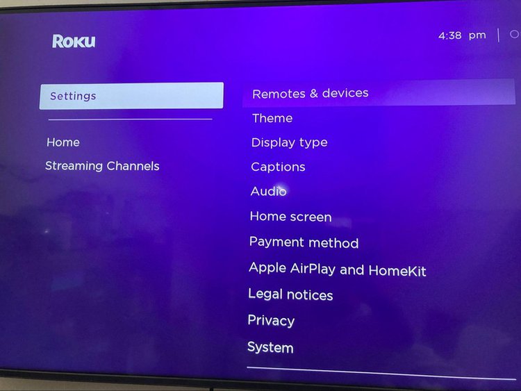 Settings page in Roku