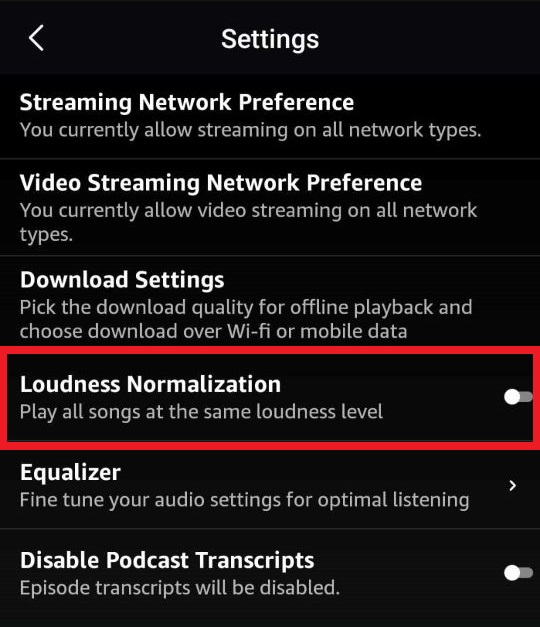 The Loudness Normalization feature is set to off on Amazon music