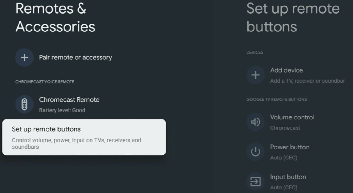 The set up remote buttons feature from the remotes & accessories on Chromecast streaming device