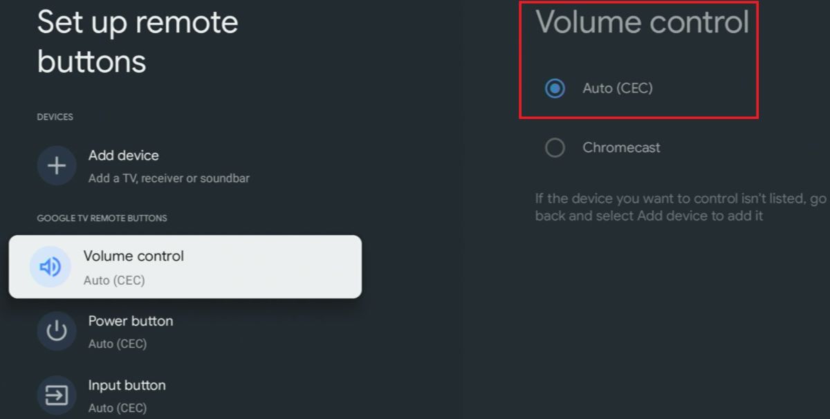 The volume control is set to Auto (CEC) on Chromecast Google TV
