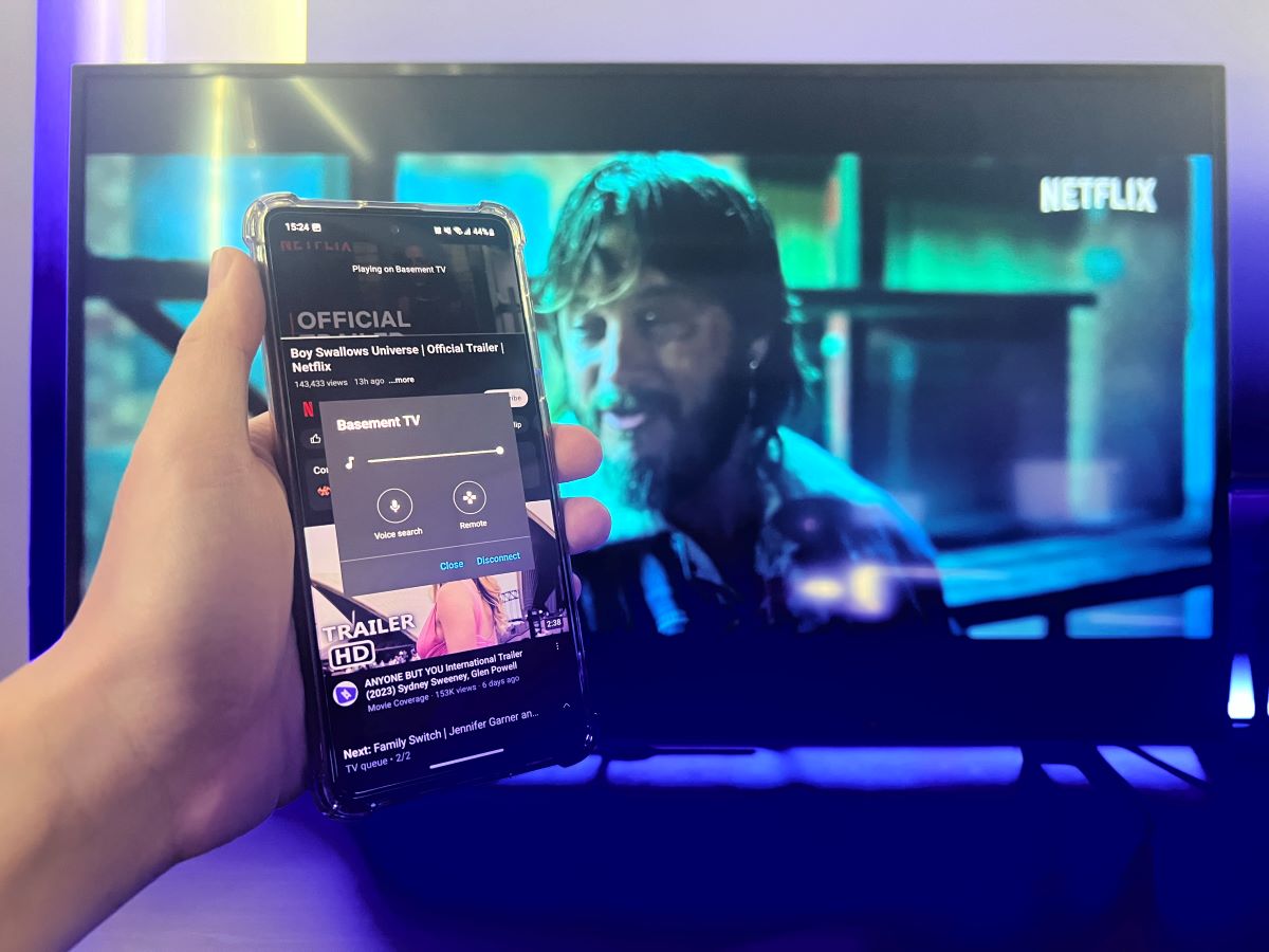 YouTube app is casted from Samsung phone to Sony TV and the volume is set to max