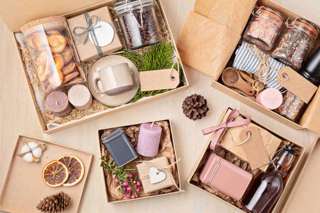 a care package with coffee, cookies, spices and mugs
