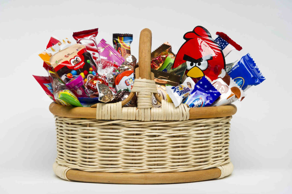 a gift basket for kids with candies, chocolates and sweets