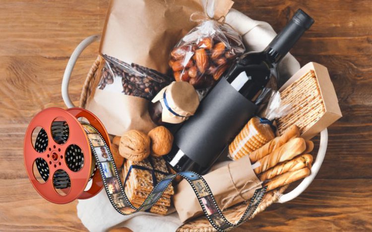 a movie night basket with food and wine