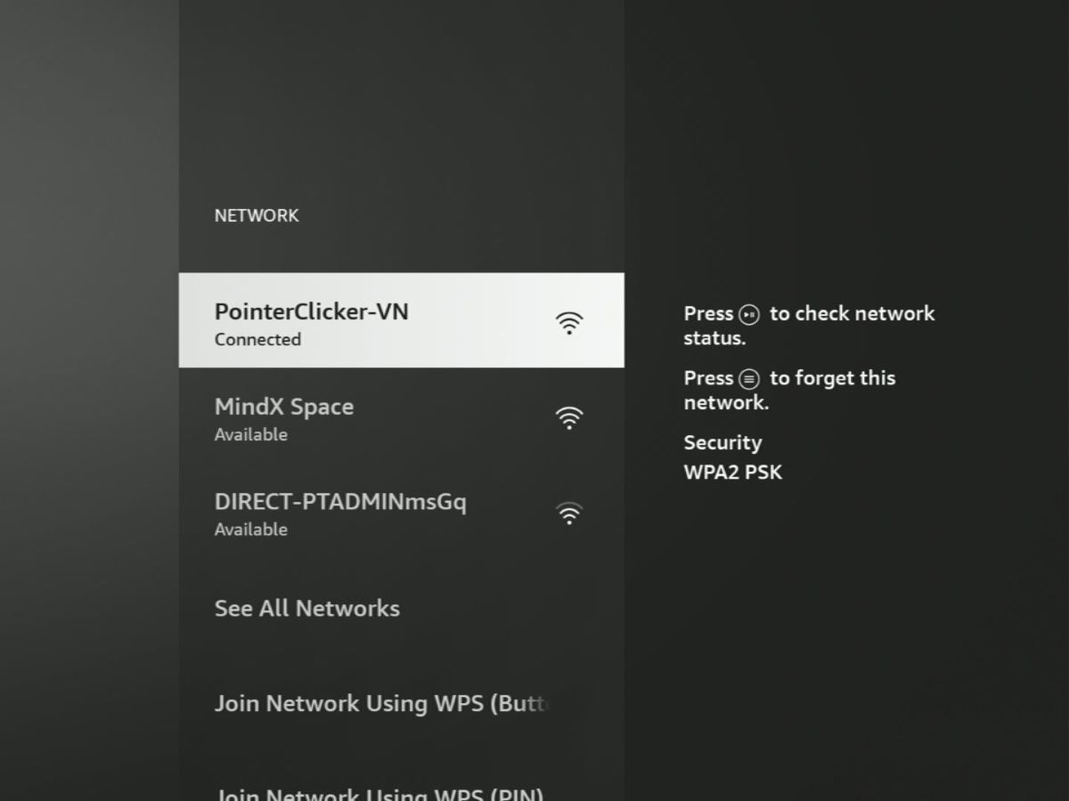 a wifi network is connected on a fire tv stick, click the hamburger button to forget