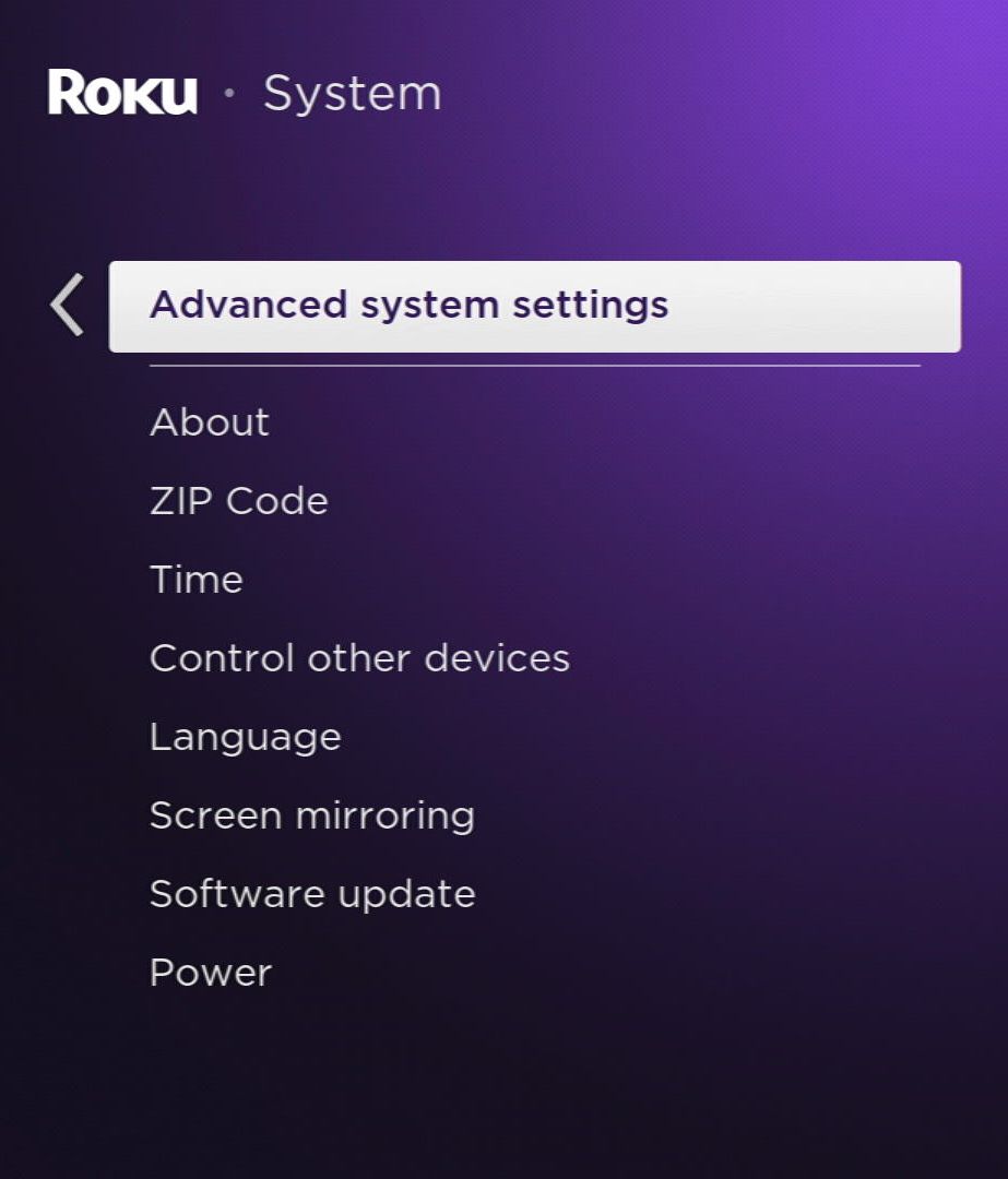 advanced system settings option on a roku