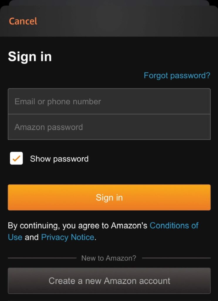 amazon sign-in screen on the fire tv app