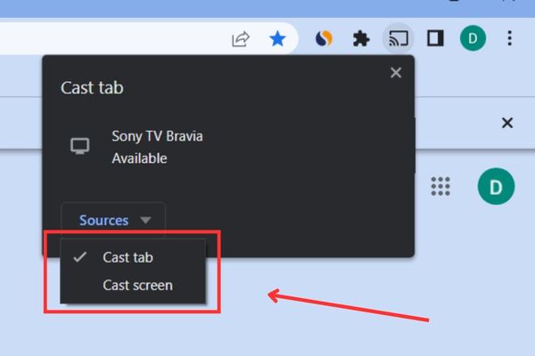 cast tab menu of Google Chrome, sources menu including cast tab and cast screen which are highlighted