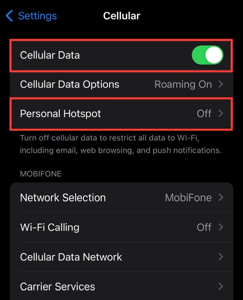 cellular data is turned on, personal hotspot is highlighted on an iphone