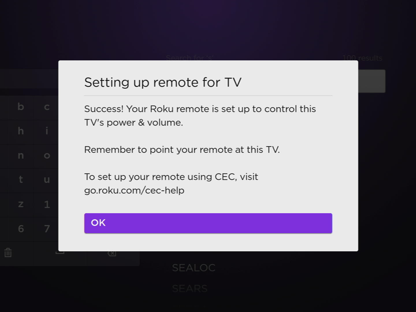 confirm setting up remote for tv on roku