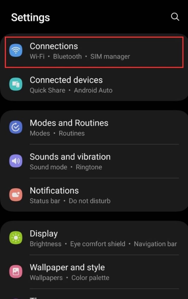connections option is highlighted on a samsung smartphone