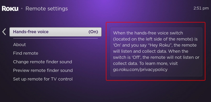 description of the Hands-free voice feature on the Roku