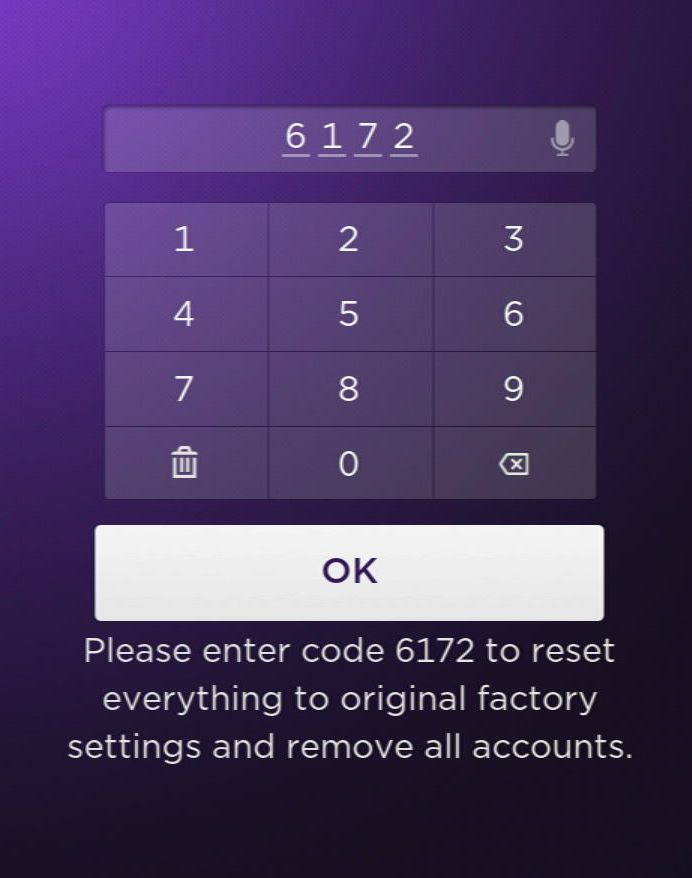 enter the code appears on the screen and click ok on a roku to factory reset it