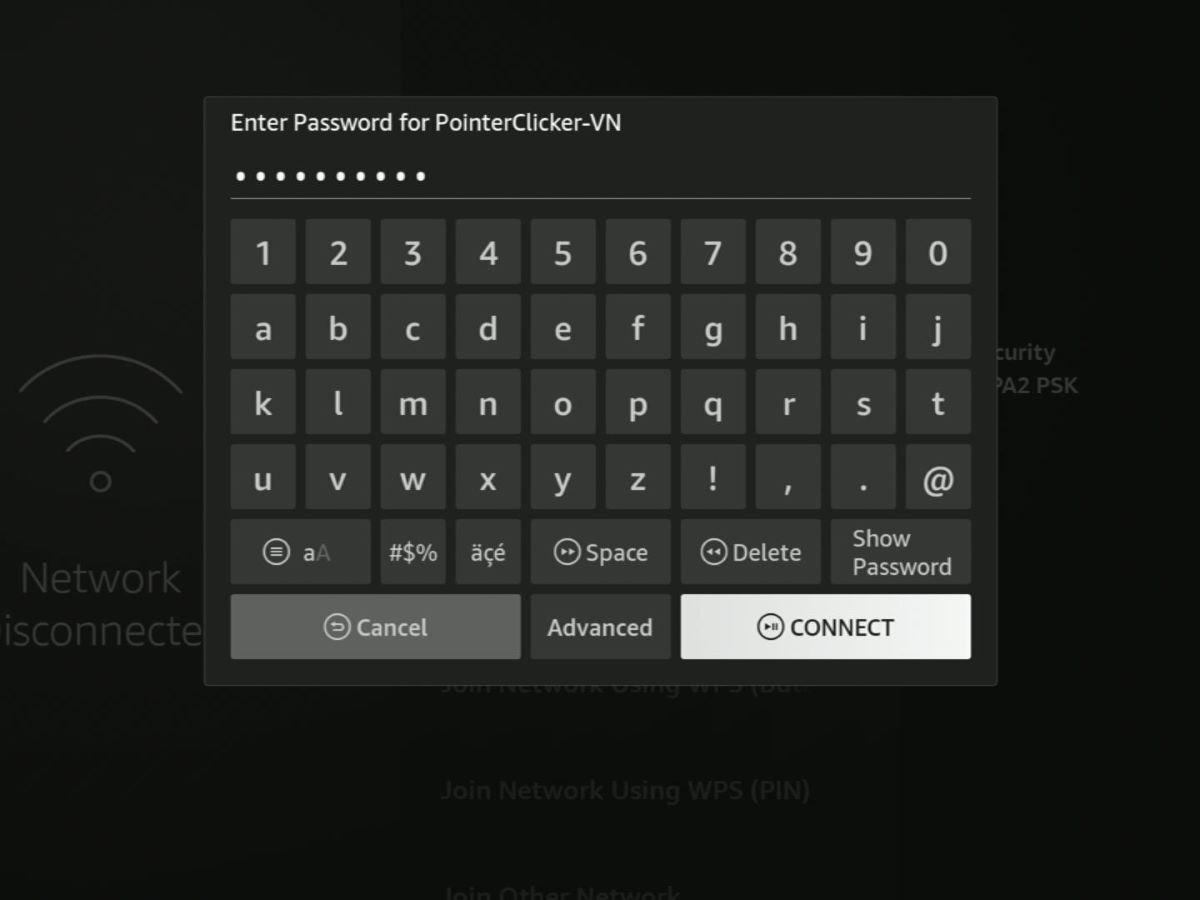 enter the password for a wi-fi network, connect option is highlighted on a fire tv stick
