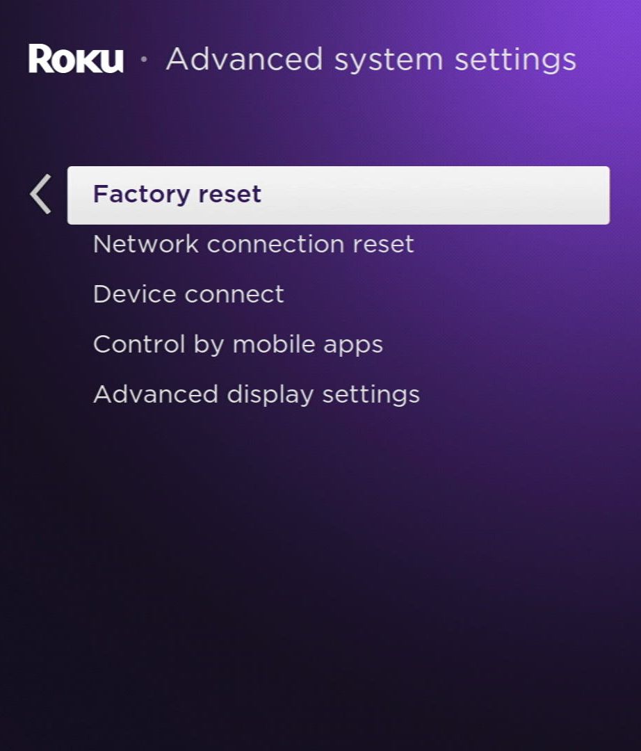 factory reset option on a roku