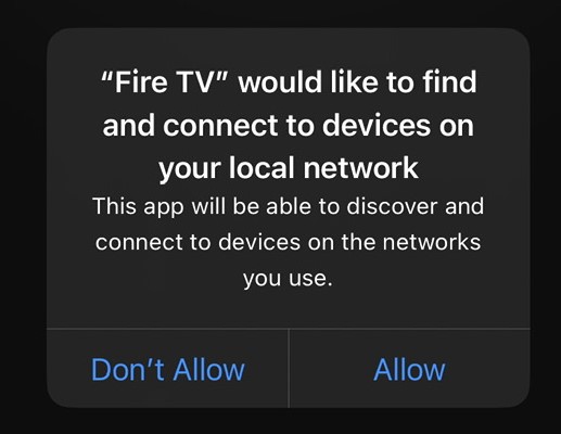 fire tv app asks for permission to find and connect to devices on a local network