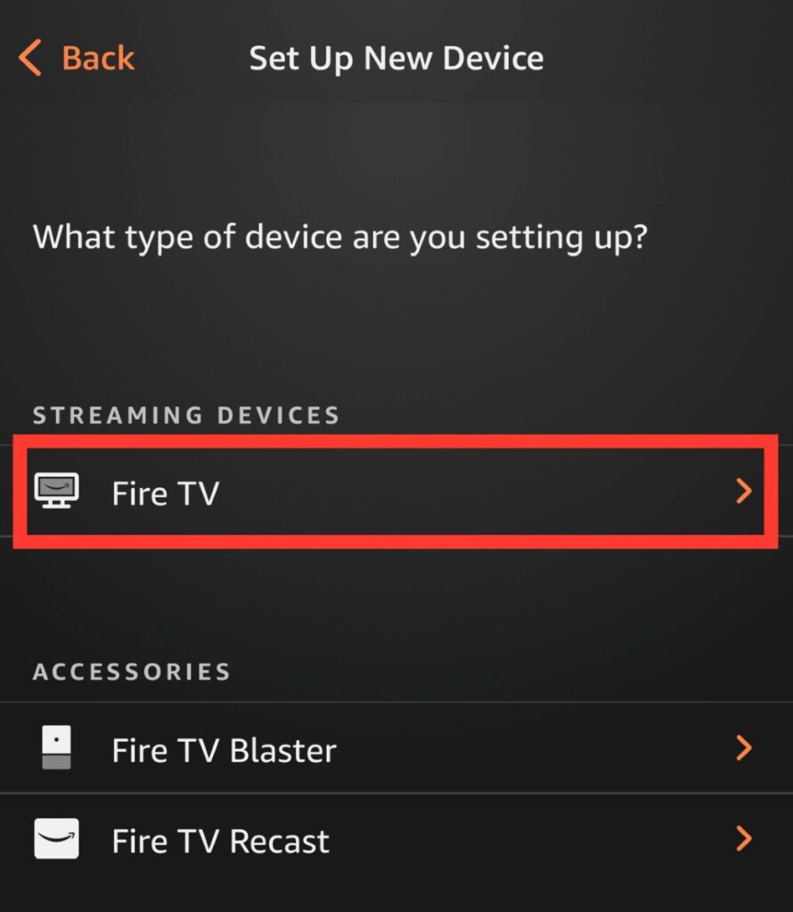 fire tv option is highlighted on the fire tv app