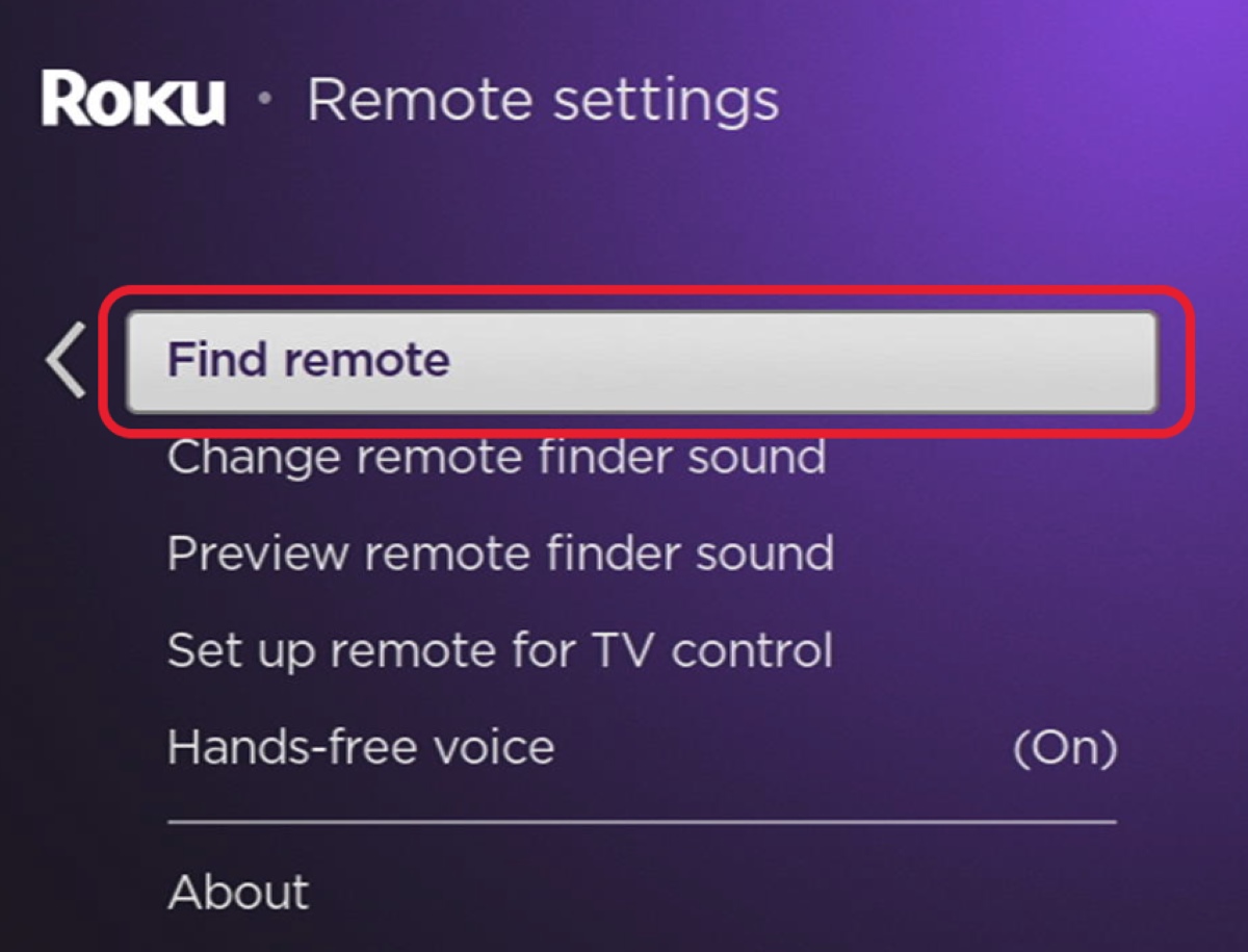 highlighting the Find Remote feature on the Roku setting screen