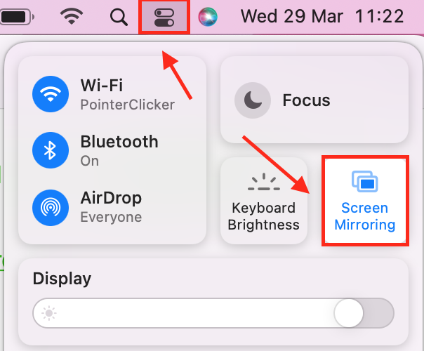 how to screen mirror on a macbook, screen mirror and control center are highlighted and pointed by an arrow