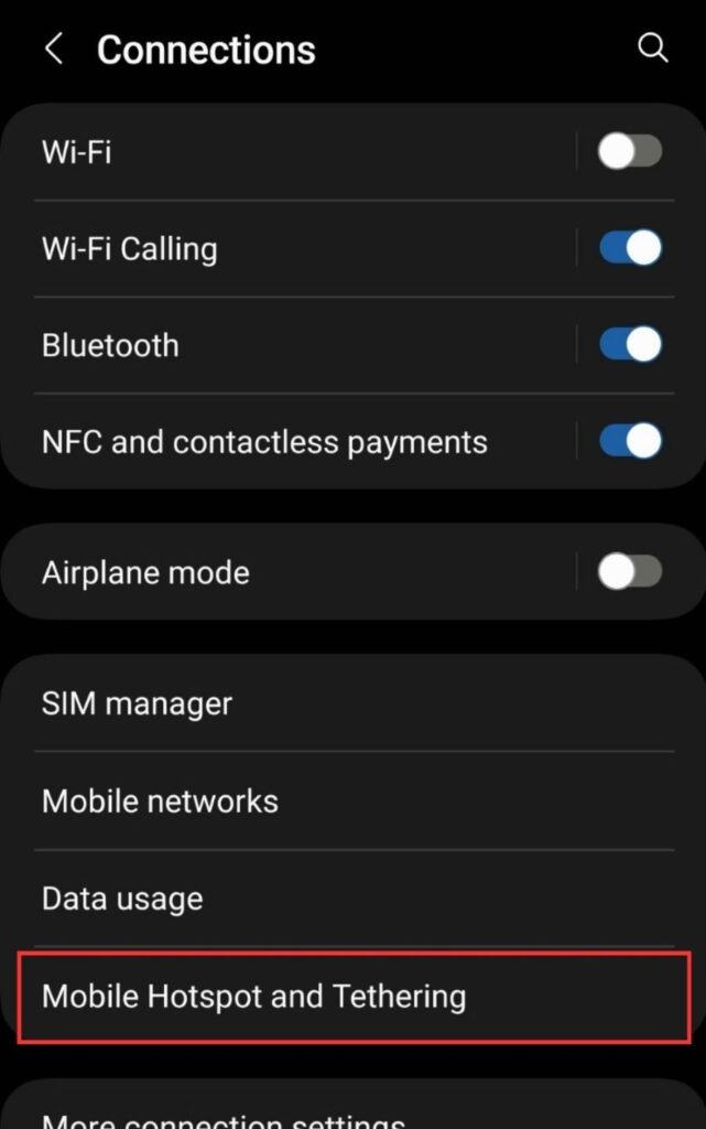 mobile hotspot and tethering option is highlighted on a samsung smartphone