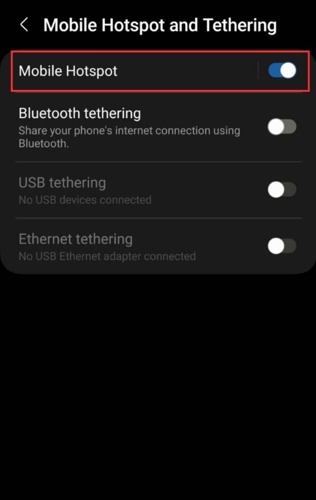 mobile hotspot is turned on on a samsung smartphone