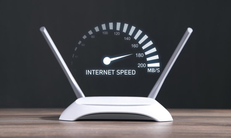 modern wifi router with a speedometer indicating high speed internet