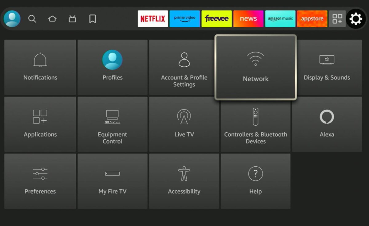 network option is highlighted on a fire tv stick