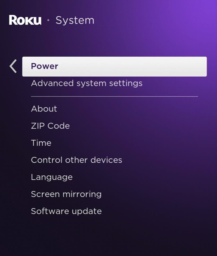 power option in a roku system settings